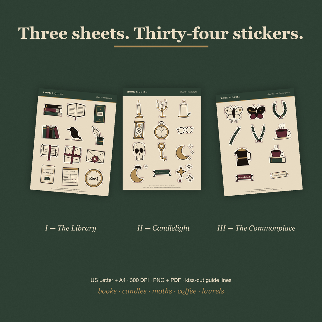 Dark Academia Printable Sticker Set — contents
